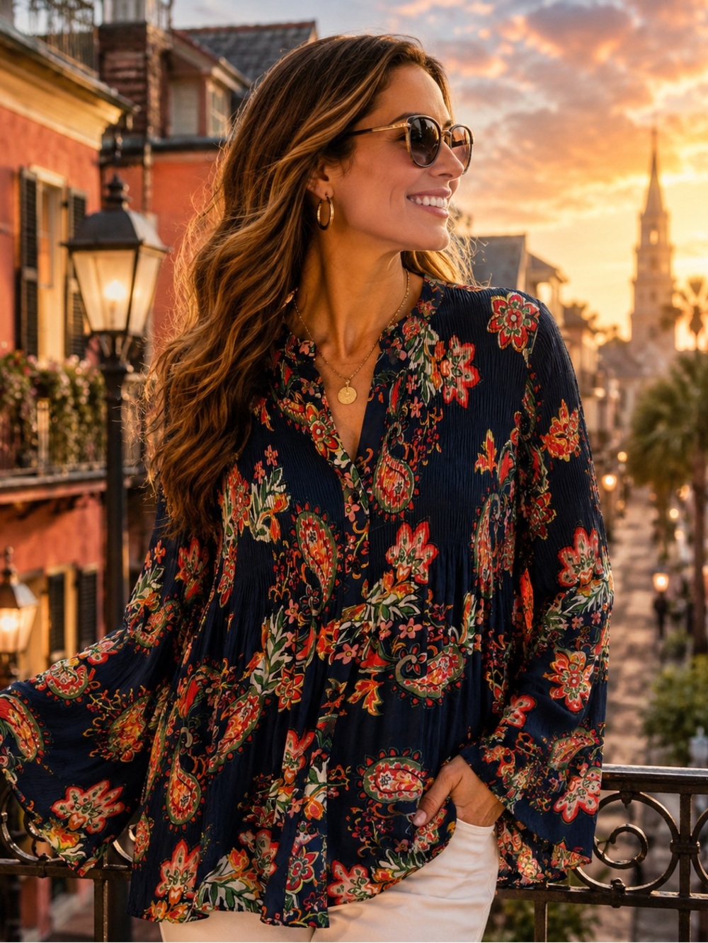 Spense Womens Medium Navy Blue Floral Paisley Pleated Bell Sleeve Blouse Top